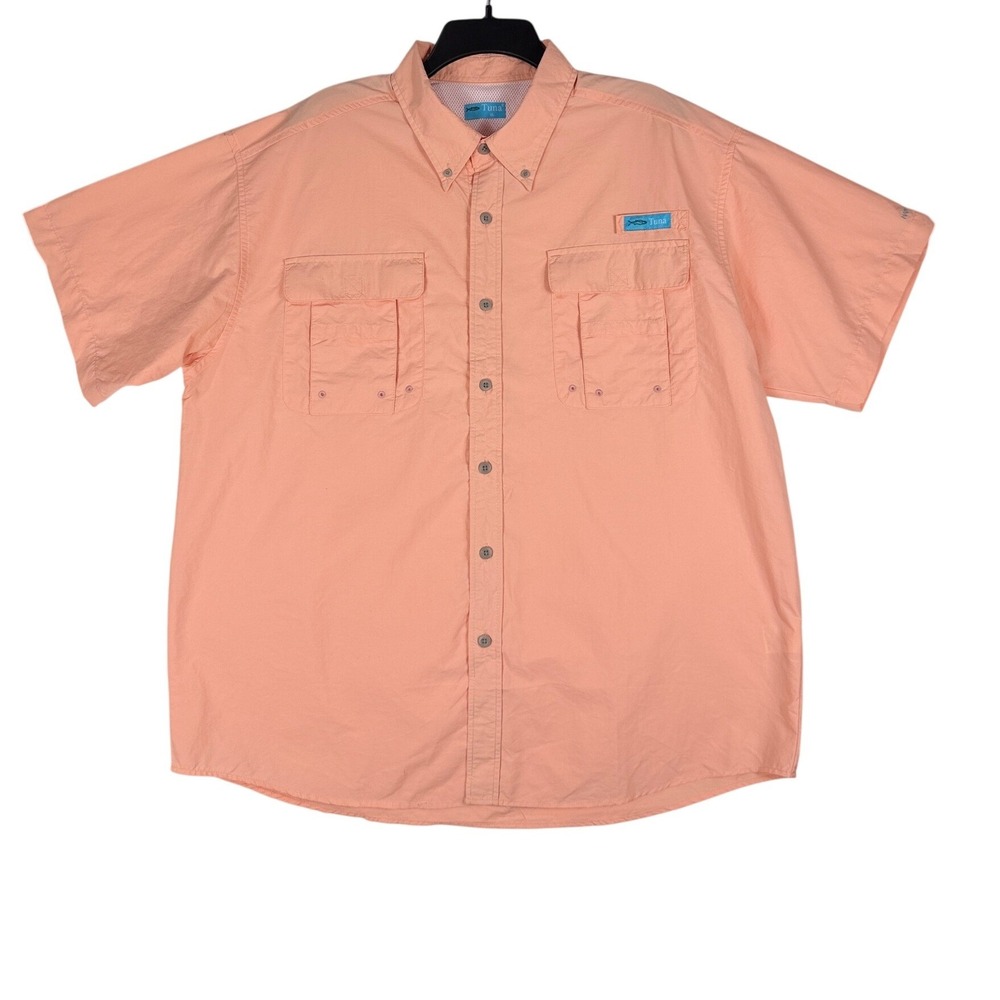 Tuna Mens XL Fishing Shirt Short Sleeve Vented Button Up Peach Orange Nylon